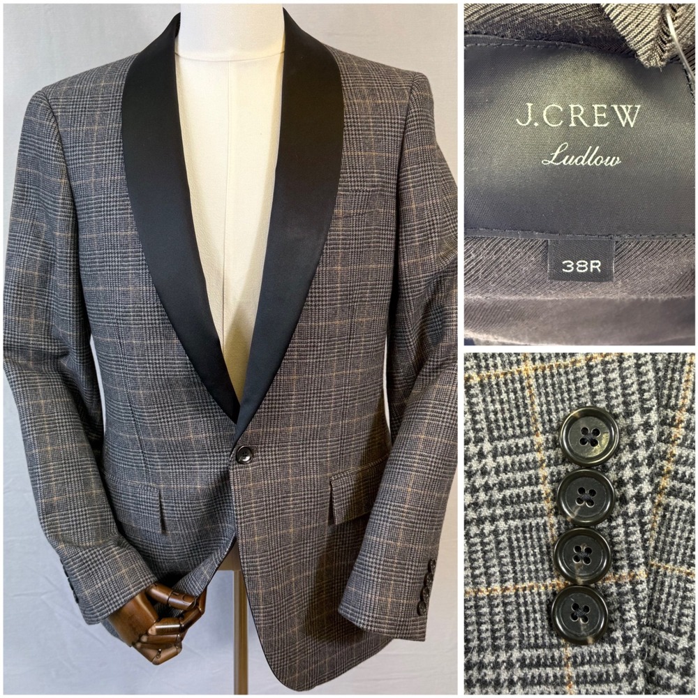 J.Crew Ludlow Shawl Collar Dinner Jacket Mens 38R Glen Plaid Wool Slim Fit NEW